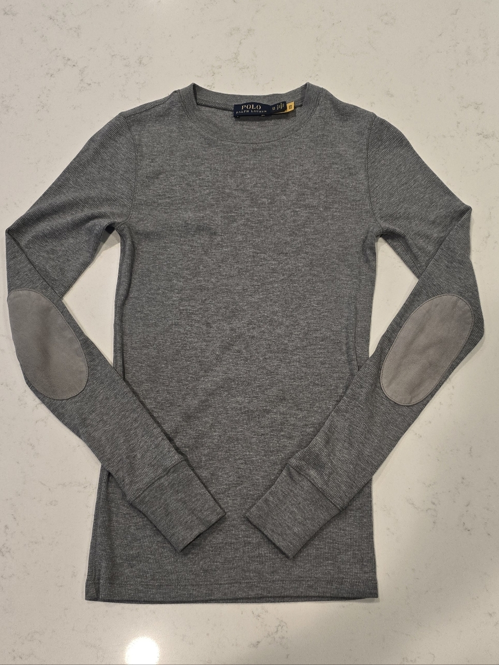 Polo Ralph Lauren Grey Ribbed Long Sleeve Top with Elbow Patches XS Extra Small